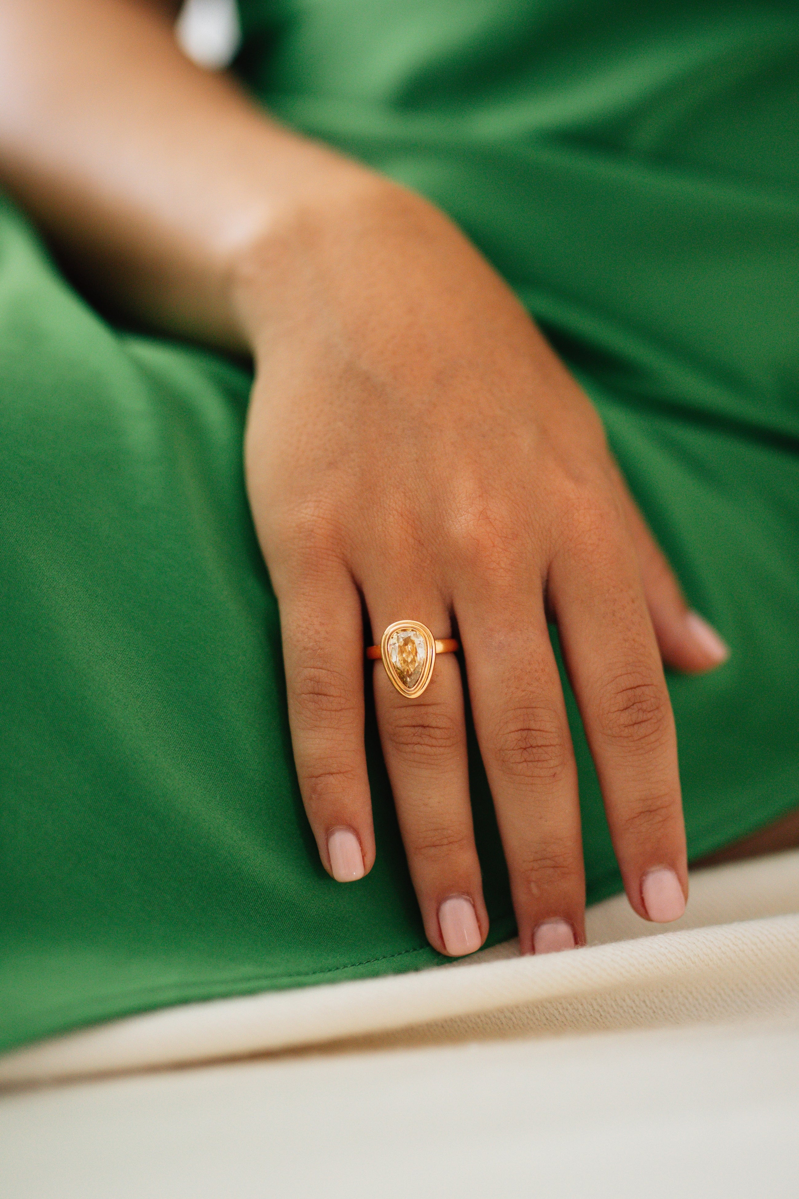 Step Yellow Brown Antique Pear Diamond Ring