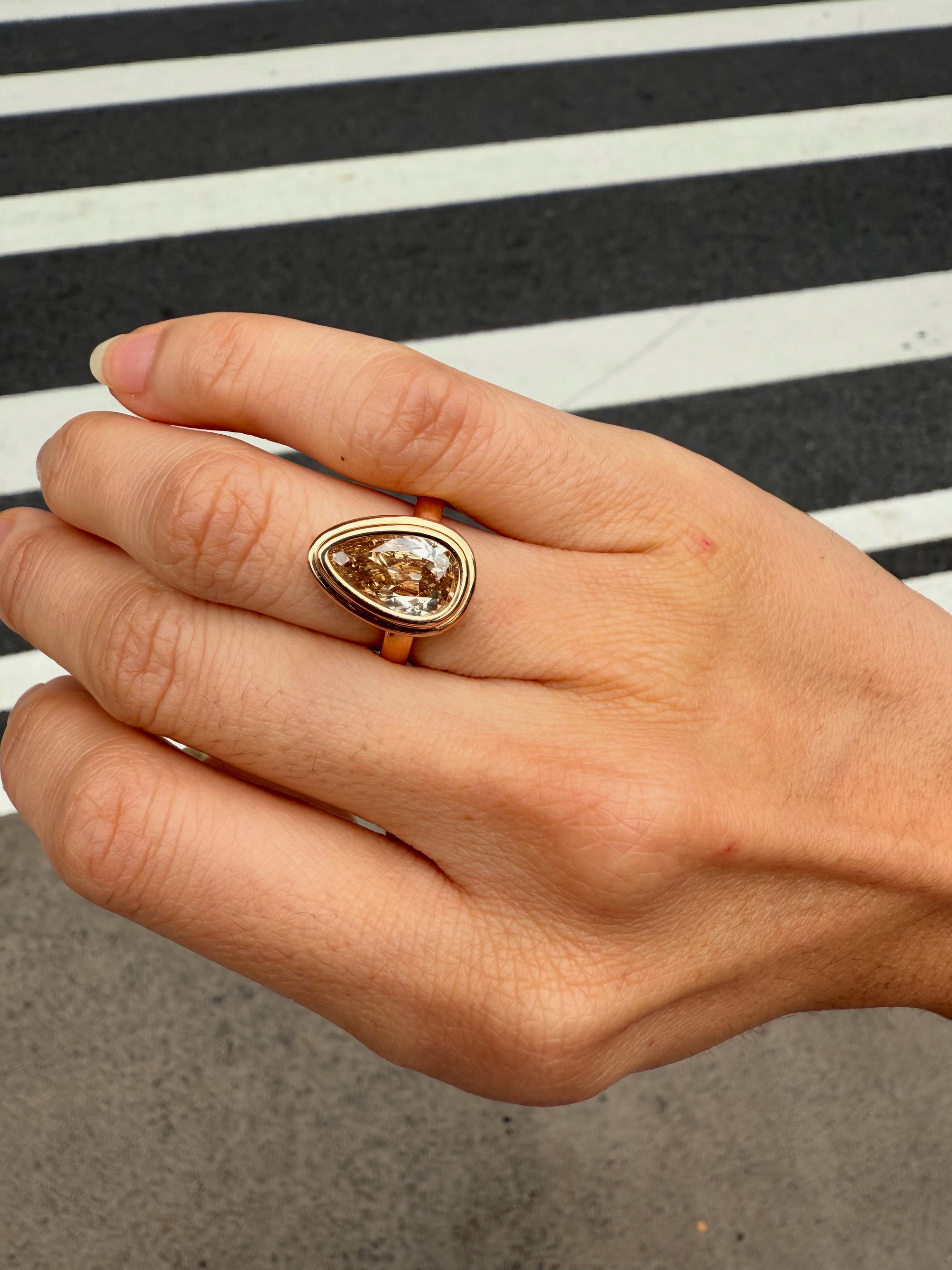 Step Yellow Brown Antique Pear Diamond Ring