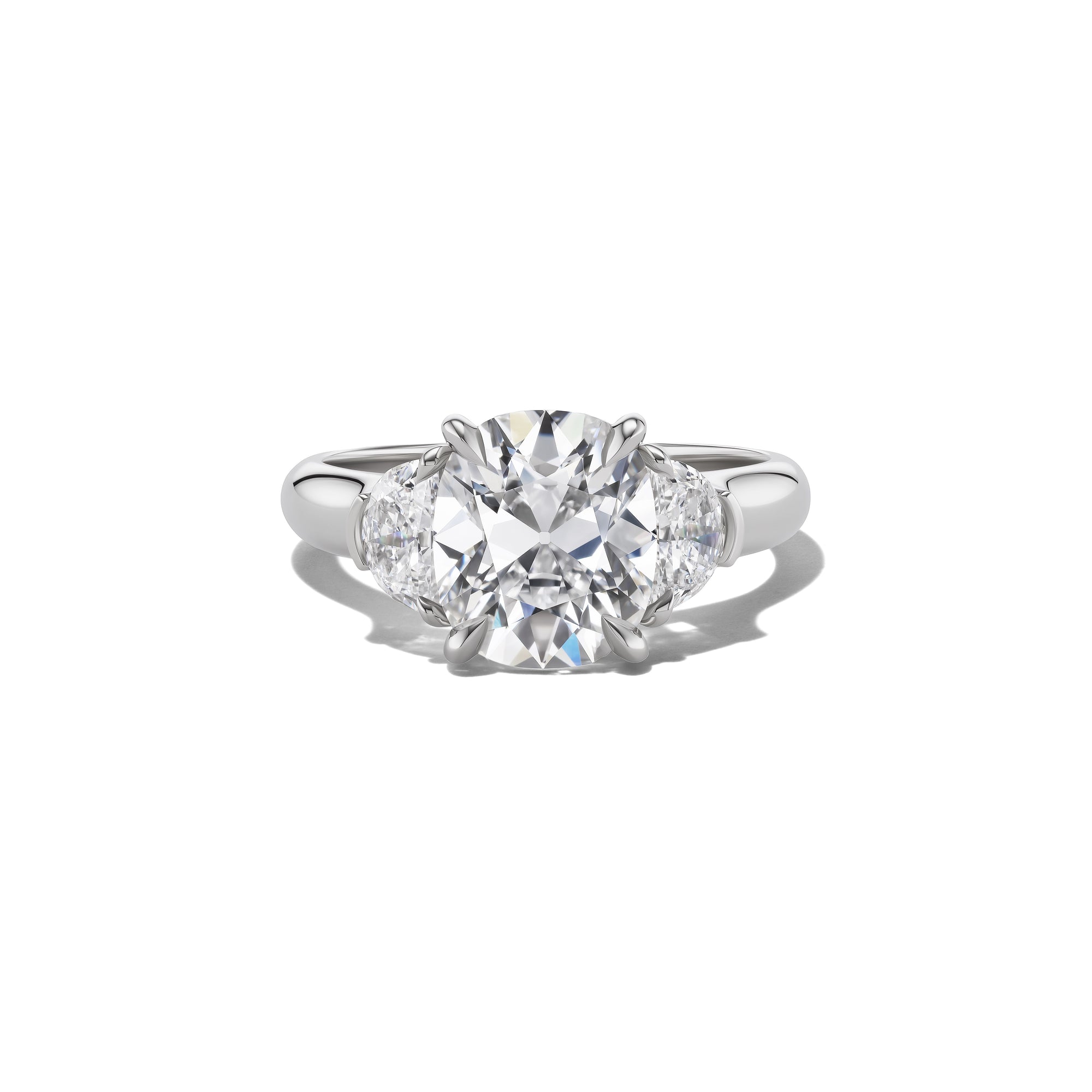 Yves Three Stone Ring – Old Mine with Half-Moon Side Stones
